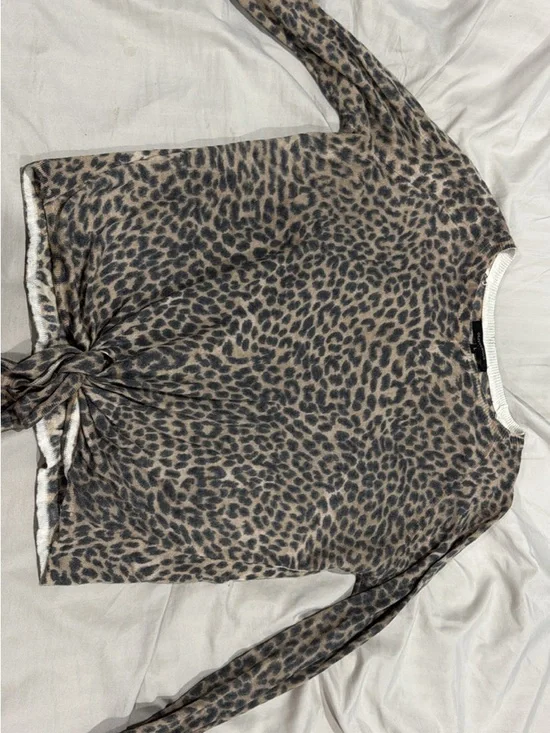 Olivaceous Taupe and Black Leopard Knot-Front Long Sleeve Top - Picture 1 of 2